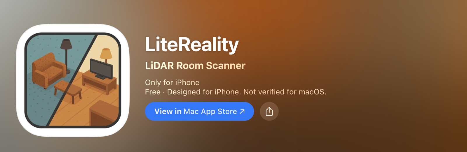 App Store listing for LiteReality, a free LiDAR room scanner for iPhone.