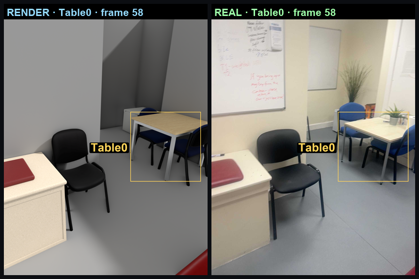 Render and real photograph side by side, only one table boxed.