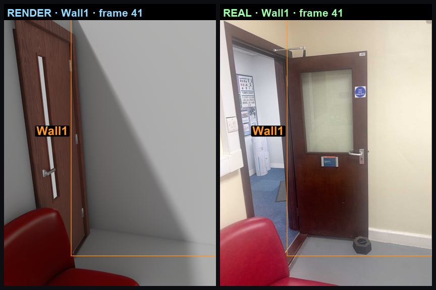 Render and real photograph side by side, only one wall outlined.